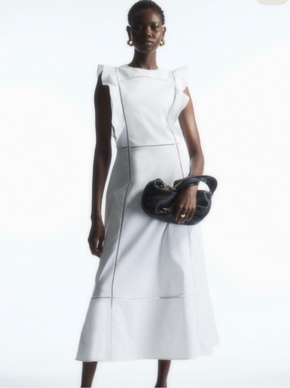 COS RUFFLED LINEN BLEND MIDI DRESS White US2
